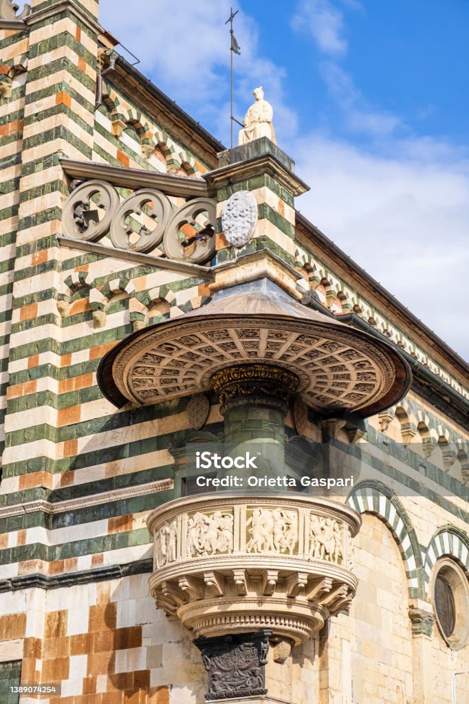 Pulpit of the Cathedral of Prato - Tuscany Renaissance pulpit of the Cathedral of Prato, created in white marble, bronze and mosaic tiles by Donatello and Michelozzo in 1428-1438 Architectural Feature Stock Photo