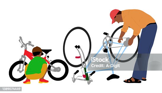 istock Latin American Father And Son Repairing Bicycle 1389074449