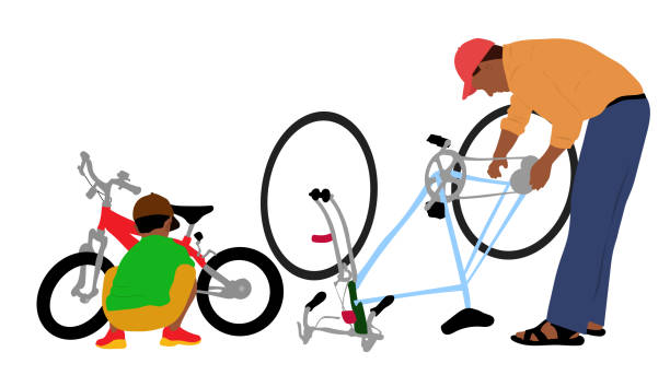 Latin American Father And Son Repairing Bicycle Flat Design Illustration with Latin American Father And Son Repairing Bicycle image computer graphic little boys men stock illustrations