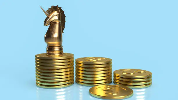 unicorn and gold coins for start up or business concept 3d rendering