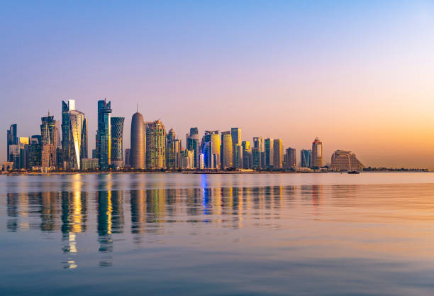 The Downtown Doha City Corniche Skyline at Twilight, Qatar stock photo