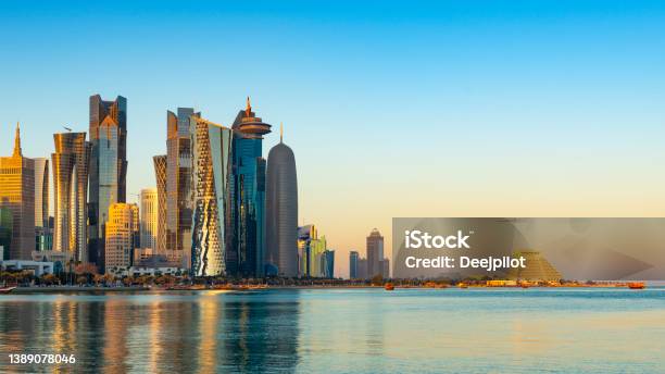 The Downtown Doha City Corniche Skyline At Twilight Qatar Stock Photo - Download Image Now