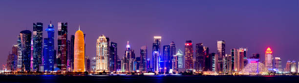Clear Sky Copy Space, Colourful Illuminated Buildings at Night