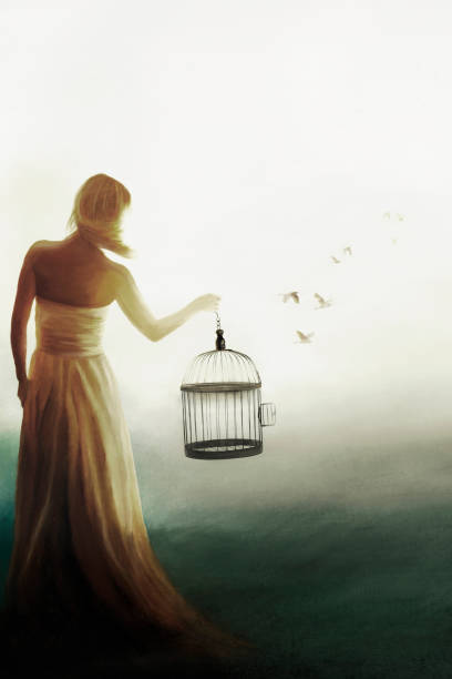woman holds an open cage and free birds flying in the sky vector art illustration