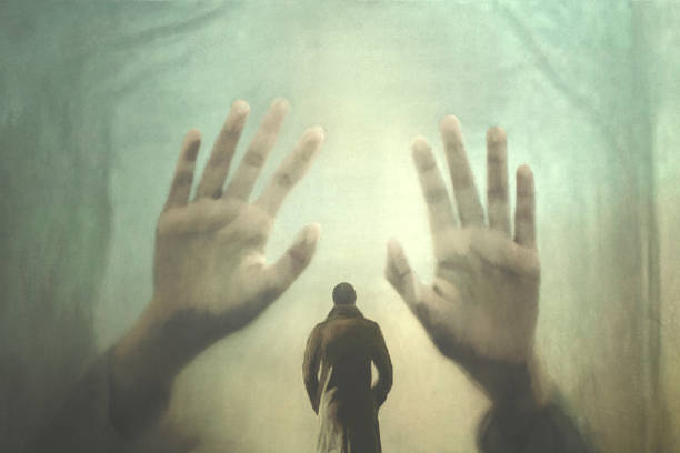 surreal illustration of two hands blocking a man walking in a wood, concept of mental freedom vector art illustration