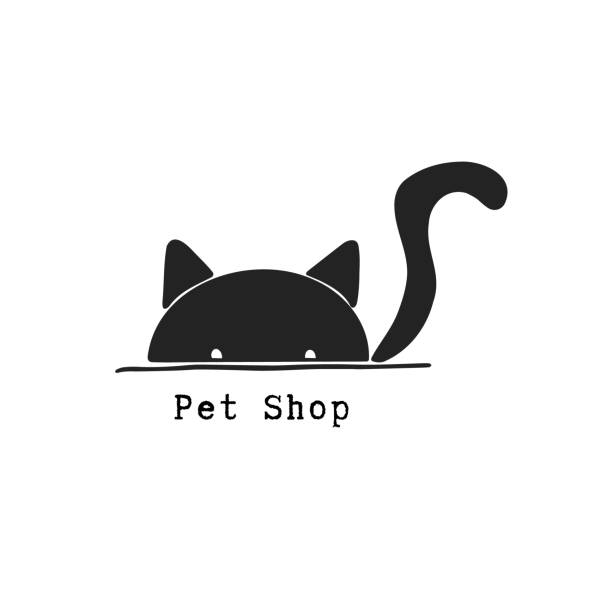 ręcznie rysowane logo sklepu dla zwierząt domowych. czarno-białe logo na izolowanym tle. urocza głowa kota, zwierzęta domowe. - silhouette animal black domestic cat stock illustrations