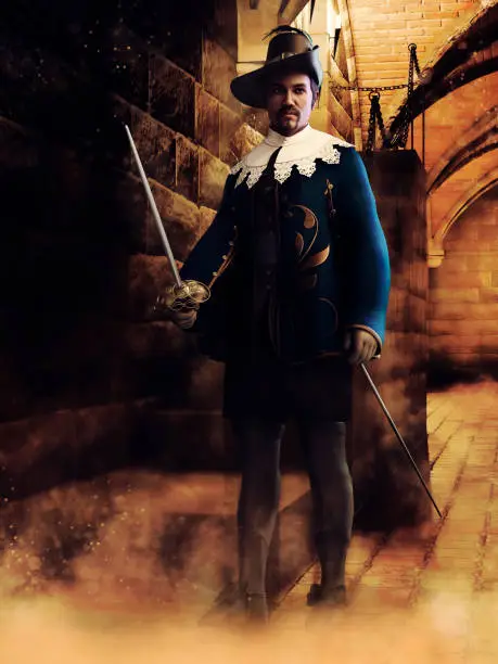 Fantasy musketeer with two swords standing in front of castle stairs at night. 3D render - the man is a 3D object.