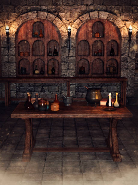 istock Table with alchemical potions in an old castle 1389083673