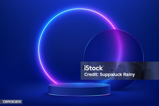 istock Abstract shiny blue cylinder pedestal podium. Sci-fi blue abstract room with circle glowing neon lamp lighting. Vector rendering 3d shape, Product display mockup. Futuristic scene. Stage for showcase. 1389083810