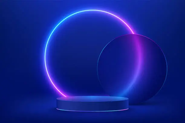 Vector illustration of Abstract shiny blue cylinder pedestal podium. Sci-fi blue abstract room with circle glowing neon lamp lighting. Vector rendering 3d shape, Product display mockup. Futuristic scene. Stage for showcase.