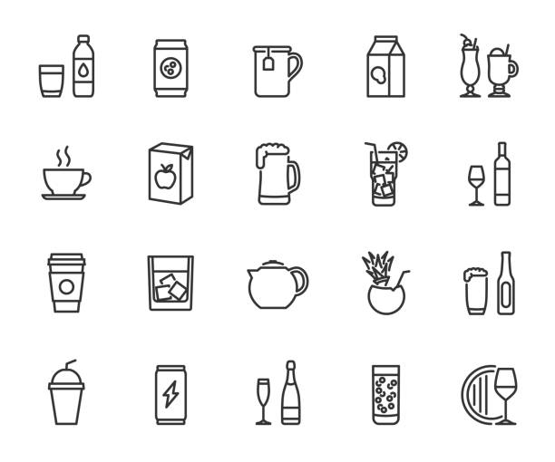 illustrations, cliparts, dessins animés et icônes de jeu vectoriel d’icônes de ligne de boisson. contient des icônes d’eau, de jus, de lait, de soda, de cocktail, de boisson énergisante, de milkshake, de café et plus encore. pixel parfait. - wine bar beer bottle beer