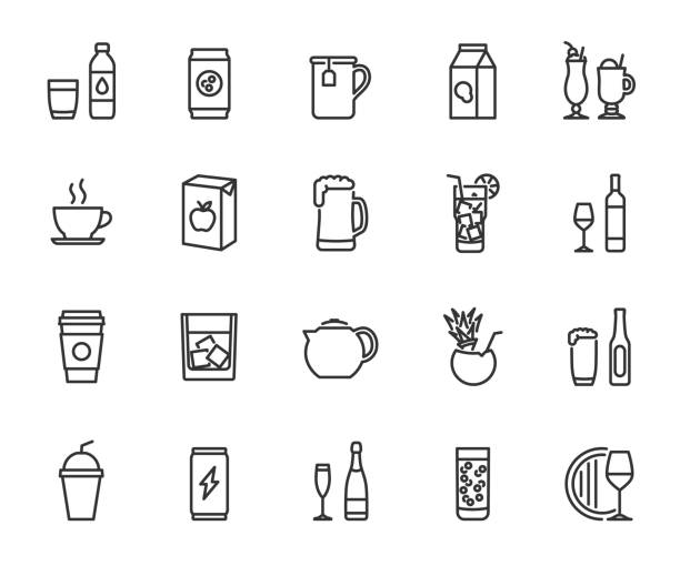 Vector set of beverage line icons. Contains icons water, juice, milk, soda, cocktail, energy drink, milkshake, coffee and more. Pixel perfect. Vector set of beverage line icons. Contains icons water, juice, milk, soda, cocktail, energy drink, milkshake, coffee and more. Pixel perfect. juice carton stock illustrations