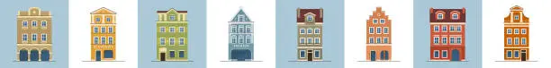 Vector illustration of Set of european historical buildings. Traditional Amsterdam, Netherlands architecture.