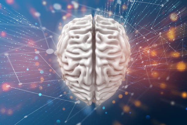 istock Human brain with global network line wire frame data business concept banner with red light on blue background 3d illustration 1389089472