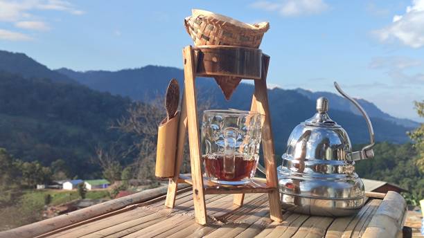 istock Set of drip coffee on table and blurred background. 1389090871