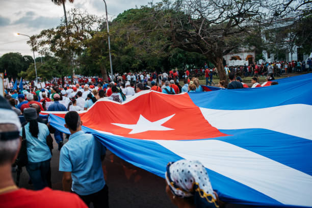 Fabric background Cuban flag in closeup