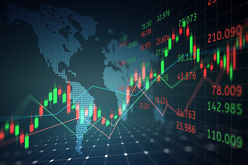 Gráfico de comercio de valores o forex con mapa del mundo que representa el banner de concepto de negocio de datos de wire frame de línea de red global photo