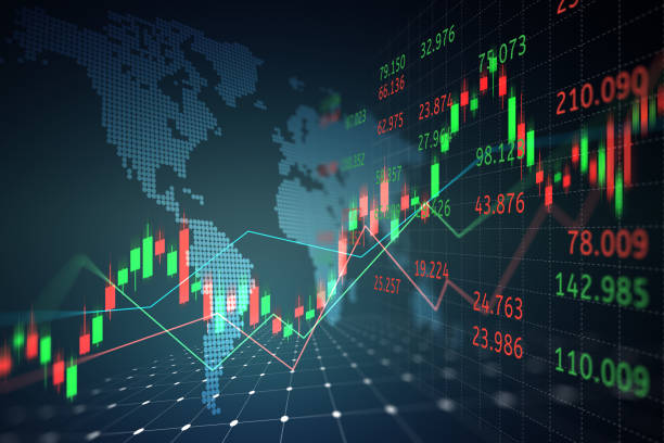 gráfico de comercio de valores o forex con mapa del mundo que representa el banner de concepto de negocio de datos de wire frame de línea de red global - bolsas fotografías e imágenes de stock