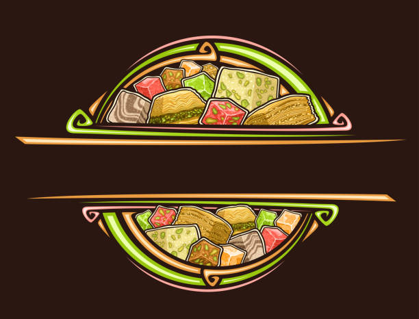 Vector border for Oriental Sweets Vector border for Oriental Sweets with copy space for text, decorative sign board with illustration of heap traditional gourmet turkish baklava, homemade delicious rahat lokum, sweet lebanese baklava baklava stock illustrations