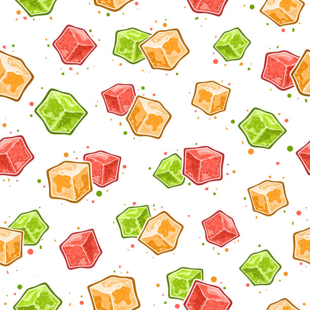 Vector Rahat Lokum seamless pattern Vector Rahat Lokum seamless pattern, square repeat background with set of isolated illustrations variety vivid lebanese lokum, traditional sweet turkish delight on white background for children cloth gummy candy stock illustrations