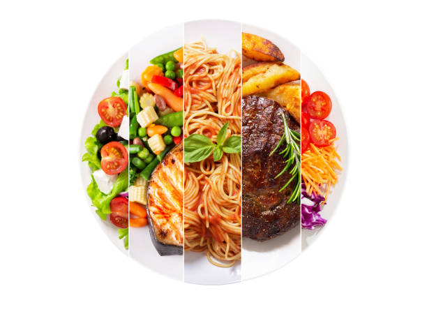 food collage of various meals in a plate isolated on white background