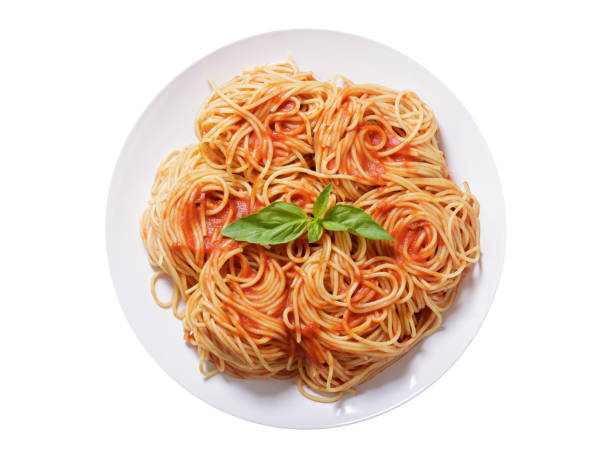 istock plate of pasta with tomato sauce on white background, top view 1389096631