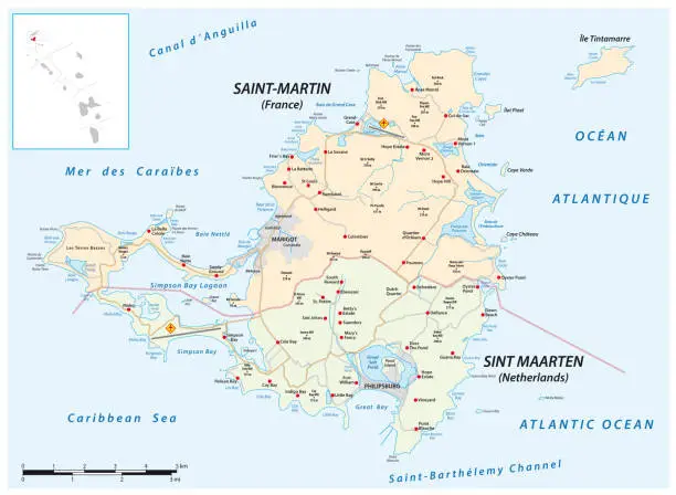Vector illustration of Road map of the Caribbean island Saint Martin, France, Netherlands