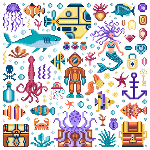 stockillustraties, clipart, cartoons en iconen met pixel underwater world retro game sprites set - squid games