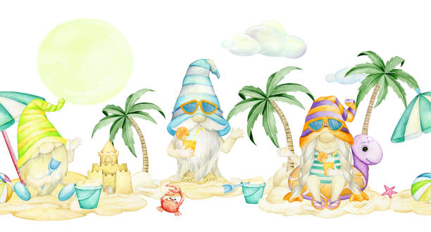 illustrations, cliparts, dessins animés et icônes de gnomes, sur la plage, motif aquarelle sans couture, sur un fond isolé. été, motif, style dessin animé. - party hat drink cocktail illustration and painting