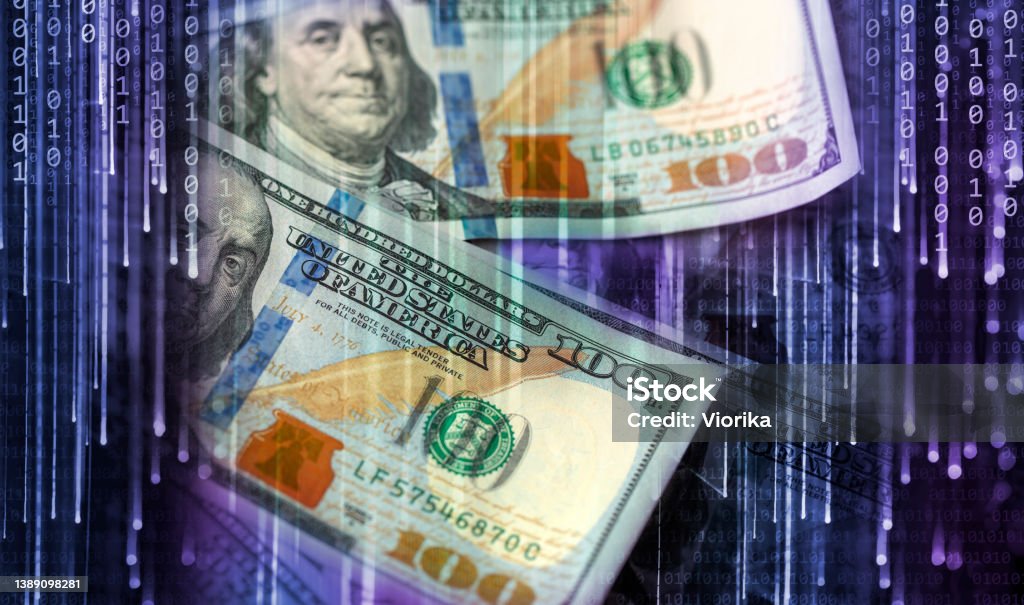 Financial Technologies Binary Code Background With Dollar Bills Stock ...