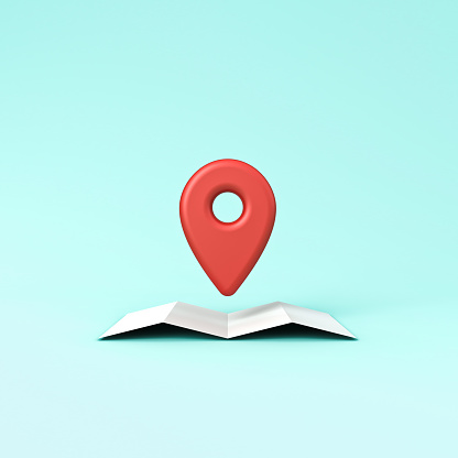 Location map pin concept isolated on light green blue pastel color background with shadow 3D rendering