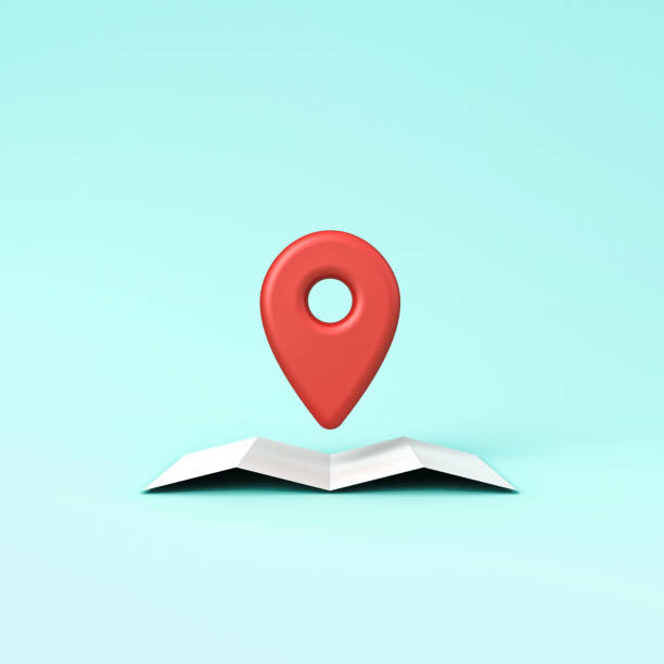 Location map pin concept isolated on light green blue pastel color background with shadow 3D rendering stock photo