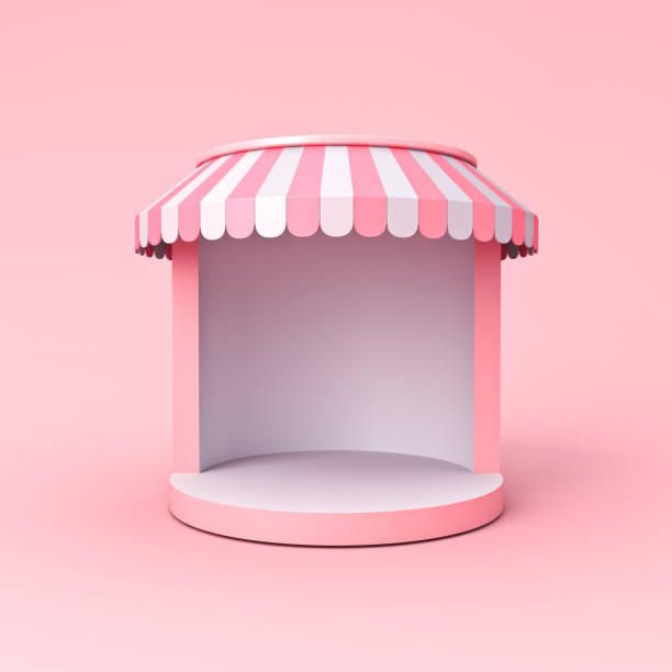 istock Blank cylinder exhibition booth store facade or blank display shop stand with pink striped awning isolated on pink pastel color background minimal conceptual 3D rendering 1389100426