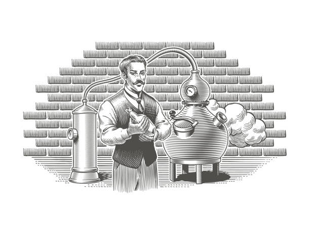 ilustrações, clipart, desenhos animados e ícones de uísque destilaria, gim, vodca ou luar vintage gravura estilo ilustração vetorial. processo de destilação de bebidas alcoólicas ou espírito. homem segurando uma garrafa, destilador alambique no fundo. - destilaria