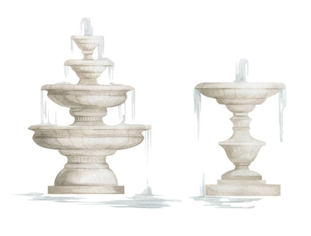 Watercolor sculpture Watercolor antique fountain, architecture garden element, ancient sculpture. Baroque fountain in the park. fountain stock illustrations