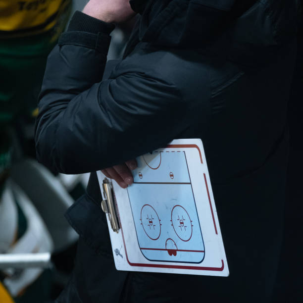 Ice hockey coach holding a flip chart while watching the game stock photo