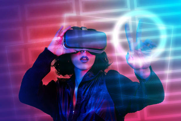 The young woman is using virtual reality viewer.