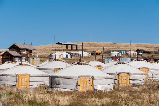 A camp with round tents or yurts is waiting for tourists, Mongolia, Central Asia