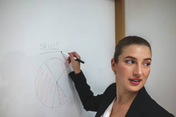 istock Businesswoman drawing chart on whiteboard in office 1389114761
