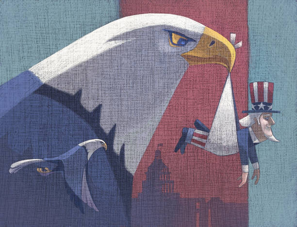bald eagle carrying Uncle Sam digital painting / raster illustration of bald eagle carrying Uncle Sam two men hunting stock illustrations
