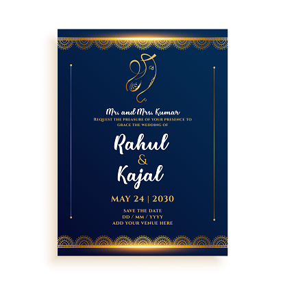 golden indian wedding card design with event details space
