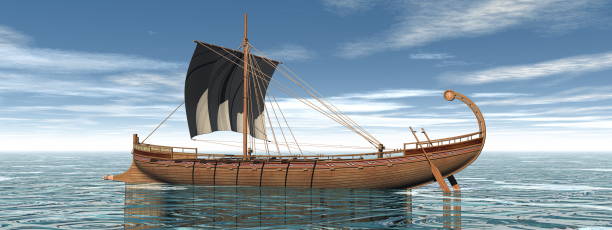 ein griechisches boot auf dem wasser - 3d-rendering - sailing ship sailing sea military ship stock-fotos und bilder