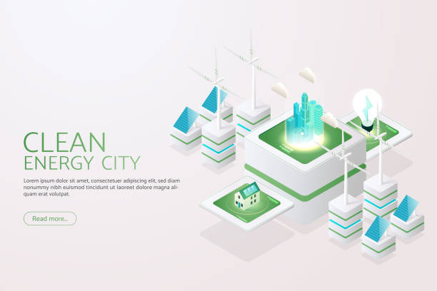 ilustrações de stock, clip art, desenhos animados e ícones de green city generates electricity with solar panels. solar energy and wind turbines clean energy - factory environment city environmental conservation