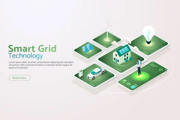 Vector illustration of Smart grid technology Eco-friendly, electric car charger Wind turbines and solar panels Connecting via smartphone.