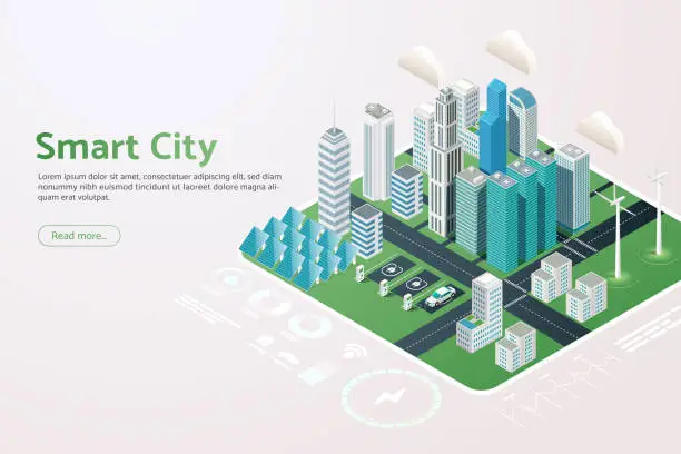 Vector illustration of Smart city high-rise buildings, electric vehicle charging stations Wind turbines and solar panels.