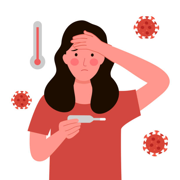ilustrações, clipart, desenhos animados e ícones de mulher doente que sofre de gripe ou resfriado. ela tem sintoma de febre. conceito de doença da gripe. - influenza a virus