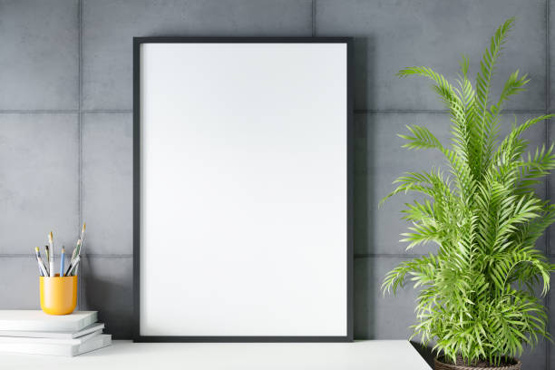 istock Blank empty picture frame mockup on gray cement wall. 1389122798