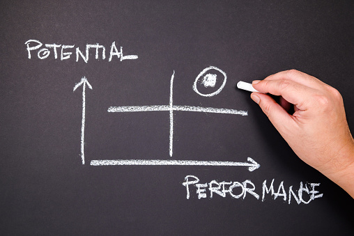 Closeup man draws a relation graph of potential and performance and point at the high level, high potential, and high performance person selected