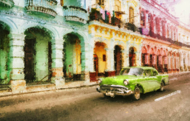 illustrations, cliparts, dessins animés et icônes de voiture ancienne américaine classique vintage à la havane cuba illustration peinture à l’huile - taxi retro revival havana car