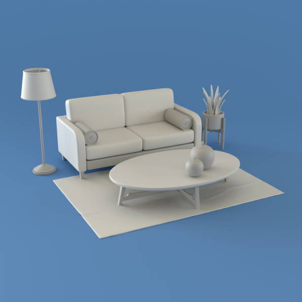 Miniature Interior Room with Sofa in Blue Background, 3d Rendering stock photo